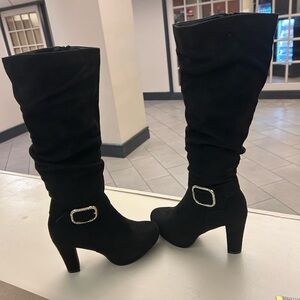 Boots Black Suede Knee-High Heeled with Rhinestone Buckle Accent 7.5 Lucita